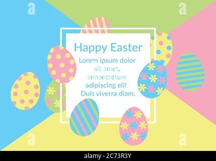 Happy Easter Card Vektor mit weißem quadratischen Rahmen, bunt verzierte Eier mit Punkten Streifen auf bunten geometrischen Hintergrund. Für Einladung Stock Vektor