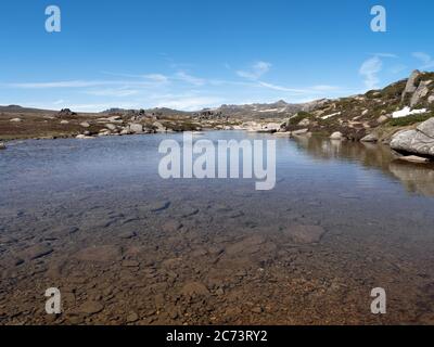 Blick auf den Wanderweg vom Charlottes Pass zum Mount Kosciuszko im Sommer. Der Snowy River. Australien. Stockfoto