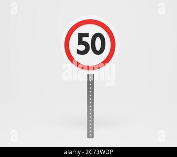 3D Illustration eines Speed Limitation Schild Muster auf weißem isolierten Hintergrund, texturierte Verkehrsregeln Konzept. Hochwertige 3d-Illustration Stockfoto