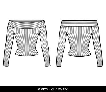 Schulterabgesetzten Rippstrick-Top technische Mode-Illustration mit langen Ärmeln, eng anliegende Form. Flache Bekleidungsvorlage vorne, hinten, weiße Farbe. Frauen, Männer, Unisex CAD Mockup Stock Vektor