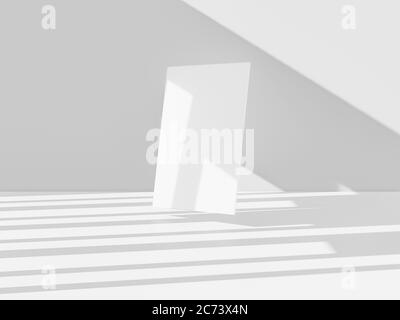 3d-Rendering von unbelegten mack Up für Poster, Visitenkarten oder Flyer. Sonnenlicht und Schatten auf beigem Hintergrund Stockfoto