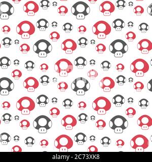 Nahtloses Muster mit niedlichen roten Amanita-Pilzen. Schwarzer Hintergrund. Stock Vektor