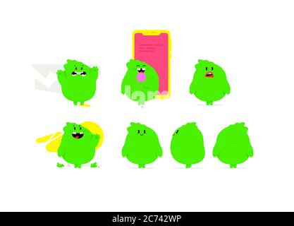 Illustration eines grünen Kawaii-Monsters. Vektor. Niedliche Cartoon Baby Drachen. Spielzeug Gummi Maskottchen für das Unternehmen. Zeichen für Animation. Emotionen eines GO Stock Vektor