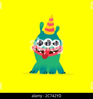 Illustration eines niedlichen, schönen Monster Charakter. Vektor. Maskottchen für das Unternehmen. Abstrakte Kreatur. Zeichen ist auf einem gelben Hintergrund isoliert. Chi Stock Vektor