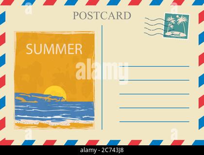 Postacrd Sommer vintage Sonnenuntergang Ozean. Urlaubsreise-Design-Karte mit Briefmarke. Vektordarstellung isolierte Vorlage Stock Vektor