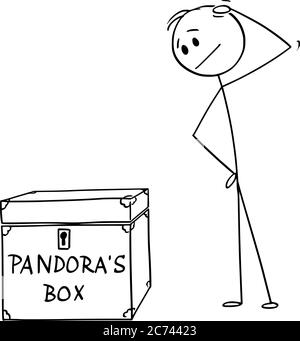 Vektor Cartoon Stick Figur Zeichnung konzeptionelle Illustration von Mann oder Geschäftsmann denken über Risiko und Gelegenheit, Pandora Box zu öffnen. Stock Vektor