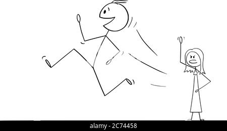 Vektor Cartoon Stick Figur Zeichnung konzeptionelle Illustration von glücklich lächelnden Mann oder Mann läuft und verlassen Frau oder Frau. Stock Vektor