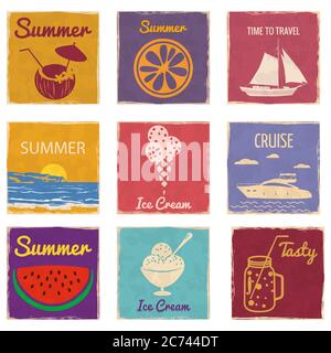 Set Sonnenuntergang Meer Segelboot Kokosnuss Cocktail Eis Speedboat Slice Orange Wassermelone vintage Karten Poster. Strukturierte Retro-Karte mit Grunge-Effekt Stock Vektor