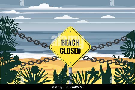 Strand geschlossen Schild Kette. Der Eingang zum Strand ist geschlossen. Im Sommer Palmen und Pflanzen um. Cartoon Vektorgrafik. Sommerurlaub auf Meer Stock Vektor