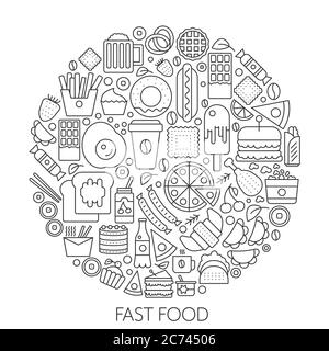 Fast Food Symbole im Kreis - Konzept Linie Vektor Illustration Infografik für Cover, Emblem, Abzeichen. Symbolsatz für Gliederung Stock Vektor