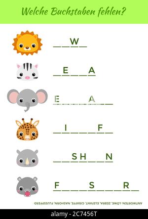 What wheseverych fehle? - welche Buchstaben fehlen? Vervollständigen Sie die Worte. Passende pädagogische Spiel für Kinder mit niedlichen Tieren. Stock Vektor