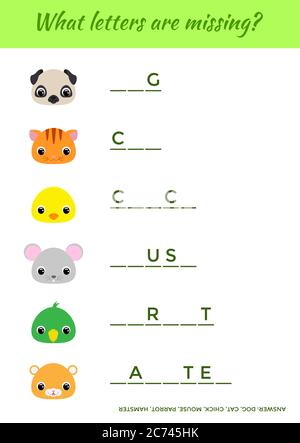Passende pädagogische Spiel für Kinder mit niedlichen Tieren. Schreiben Sie fehlende Buchstaben. Seite für pädagogische Aktivität für Englisch lernen. Spiel lernen Wörter Stock Vektor