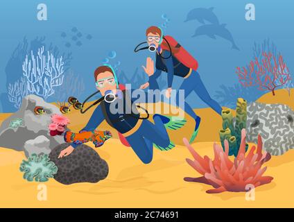 Vektor-Illustration von Taucher begrüßen beim Schwimmen im Ozean Riff Stock Vektor