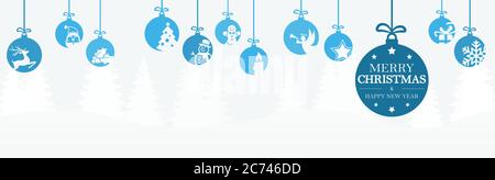 Hängende Kugeln blau mit verschiedenen abstrakten Icons für weihnachten und Winter Konzepte, Tannenbaum Hintergrund und Grüße für weihnachten und Stock Vektor