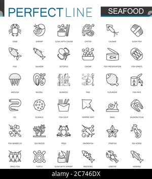 Seafood Thin line Web Icons Set. Fisch-Essen für Restaurant Menü umreißen Schlaganfall Symbole Design Stock Vektor