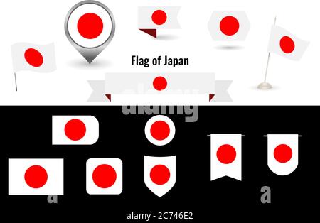 Die Flagge Japans. Große Reihe von Symbolen und Symbolen. Quadratische und runde Japan Flagge. Sammlung von verschiedenen Fahnen der horizontalen und vertikalen. vektor illustrr Stock Vektor