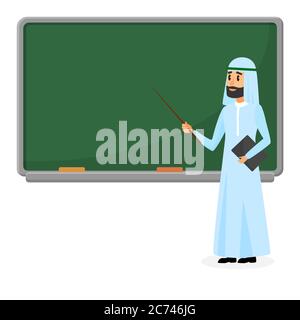 Senior Arab Lehrer, muslimischer Professor in der Nähe von Tafel im Klassenzimmer in der Schule, Hochschule oder Universität. Flaches Design Cartoon männlichen Charakter Stock Vektor