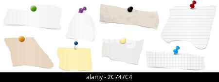 Sammlung von verschiedenen farbigen Papierfetzen mit Nadelnadeln Stock Vektor