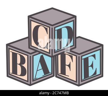 Pädagogische Würfel mit Buchstaben, abc Blöcke, Alphabet-Box Stock Vektor