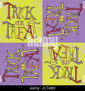 Halloween funky Trick or Treat Typografie Vektor nahtlose Muster Hintergrund. Orangefarbene und neongrüne Karos-Kulisse mit handgezeichneten Schriftzügen. Gruselig Stock Vektor