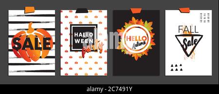 Ein Set von Designs für Herbst- und Halloween-Postkarten. Konzept Flyer und Banner mit Herbstblättern und Kürbissen. Abstrakte Hintergründe. Stock Vektor