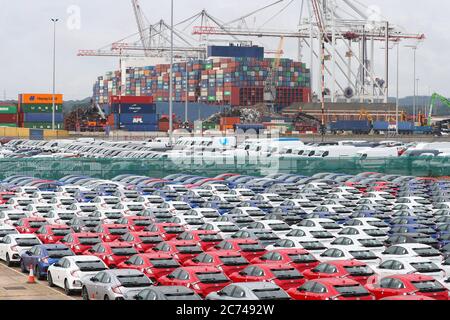 Neue Honda Civic Autos direkt aus der Produktionslinie bereit für den Export in Southampton Docks, Großbritannien Stockfoto