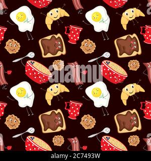 Set von lustigen Essen. Frühstück in Form von Charakteren. Eine Tasse, ein Teller mit Haferbrei, Croissant, Toast, Keksen, Rührei und Speck. Vektor illustrr Stock Vektor