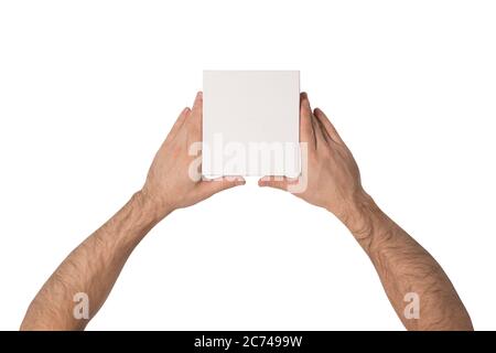 Kleine weiße Pappkartons in männlichen Händen. Draufsicht. Isolieren Stockfoto
