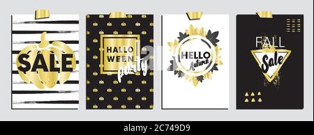 Ein Set von Designs für Herbst- und Halloween-Postkarten. Konzept Flyer und Banner mit Herbstblättern und Kürbissen. Abstrakte Hintergründe. Stock Vektor