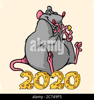 Frohes neues Jahr 2020 das Jahr der Ratte, Cartoon-Ratte ist essen Käse Stock Vektor