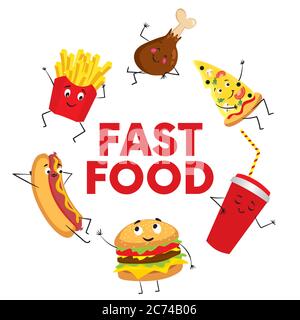 Eine Reihe von bunten Fast Food in Form von Charakteren. Hotdog, Cheeseburger oder Hamburger, ein Glas Limonade, Pommes Frites, Schinken, ein Stück Pizza Stock Vektor