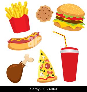 Eine Reihe von bunten Fast Food in Form von Charakteren. Hotdog, Cheeseburger oder Hamburger, ein Glas Limonade, Pommes Frites, Schinken, ein Stück Pizza Stock Vektor