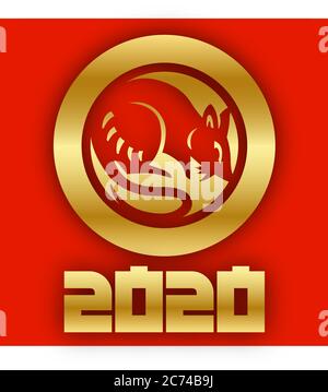Goldenes Logo des Symbols des neuen Jahres 2020, Ratte auf goldenem Hintergrund Stock Vektor