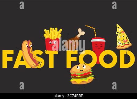 Eine Reihe von bunten Fast Food in Form von Charakteren. Hotdog, Cheeseburger oder Hamburger, ein Glas Limonade, Pommes Frites, Schinken, ein Stück Pizza Stock Vektor