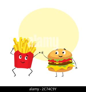 Eine Reihe von bunten Fast Food in Form von Charakteren. Hotdog, Cheeseburger oder Hamburger, ein Glas Limonade, Pommes Frites, Schinken, ein Stück Pizza Stock Vektor
