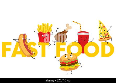 Eine Reihe von bunten Fast Food in Form von Charakteren. Hotdog, Cheeseburger oder Hamburger, ein Glas Limonade, Pommes Frites, Schinken, ein Stück Pizza Stock Vektor