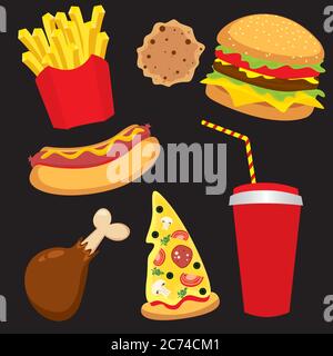 Eine Reihe von bunten Fast Food in Form von Charakteren. Hotdog, Cheeseburger oder Hamburger, ein Glas Limonade, Pommes Frites, Schinken, ein Stück Pizza Stock Vektor