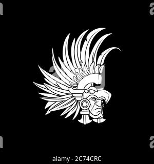 Kontur des Stammeskriegerkopfes mit dem Helm mit Federn verziert Stock Vektor