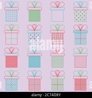 Set von Geschenk-oder Geschenkboxen. Symbol für den Umriss. Helle Farben. Konzept der Feier. Nahtloses Muster Stock Vektor