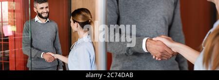 Collage von glücklichen Geschäftsmann und Geschäftsfrau Händeschütteln Stockfoto