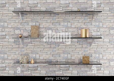 Drei schwarze Regale an der Ziegelwand mit geometrischen Objekten aus Gold und Marmor zur Produktpräsentation. abstrakter 3D-Hintergrund. Stockfoto