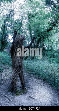 Dramatische dunkle Szene einer Bären Holzskulptur im Wald des Ebbor Gorge National Nature Reserve. Wookey Hole, Wells, Großbritannien Stockfoto