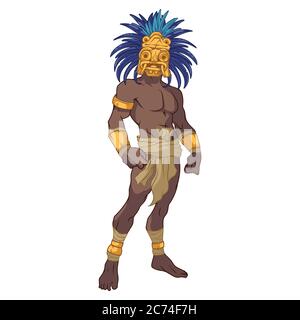 Uralter maya-Krieger mit einer erstaunlichen goldenen Maske mit blauen Federn Stock Vektor