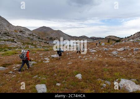 Eine Gruppe von Rucksacktouristen wandern südwestlich auf dem Europe Canyon Trail in Wyomings Wind River Range. Medina Mountain und See 10542 sind im Hintergrund zu sehen Stockfoto