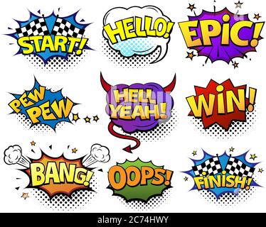 Comic Sprechblasen mit verschiedenen Emotionen und Text eingestellt Start, Hallo, Epic, Pew, Win, Oops, Bang, Finish. Helle dynamische Cartoon-Illustration in Stockfoto