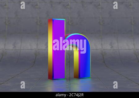 Mehrfarbiger 3d-Buchstabe H Kleinbuchstaben. Glänzend schillernder Buchstabe auf Fliesenhintergrund. Metallic Alphabet mit Studio-Lichtreflexionen. 3d-gerendertes Schriftartzeichen. Stockfoto