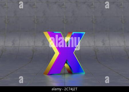 Mehrfarbiger 3d-Buchstabe X Kleinbuchstaben. Glänzend schillernder Buchstabe auf Fliesenhintergrund. Metallic Alphabet mit Studio-Lichtreflexionen. 3d-gerendertes Schriftartzeichen. Stockfoto