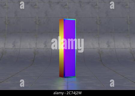 Mehrfarbiger 3d-Buchstabe L Kleinbuchstaben. Glänzend schillernder Buchstabe auf Fliesenhintergrund. Metallic Alphabet mit Studio-Lichtreflexionen. 3d-gerendertes Schriftartzeichen. Stockfoto