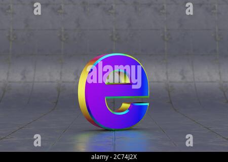 Mehrfarbiger 3d-Buchstabe E in Kleinbuchstaben. Glänzend schillernder Buchstabe auf Fliesenhintergrund. Metallic Alphabet mit Studio-Lichtreflexionen. 3d-gerendertes Schriftartzeichen. Stockfoto