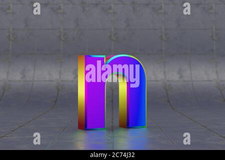 Mehrfarbiger 3d-Buchstabe N Kleinbuchstaben. Glänzend schillernder Buchstabe auf Fliesenhintergrund. Metallic Alphabet mit Studio-Lichtreflexionen. 3d-gerendertes Schriftartzeichen. Stockfoto